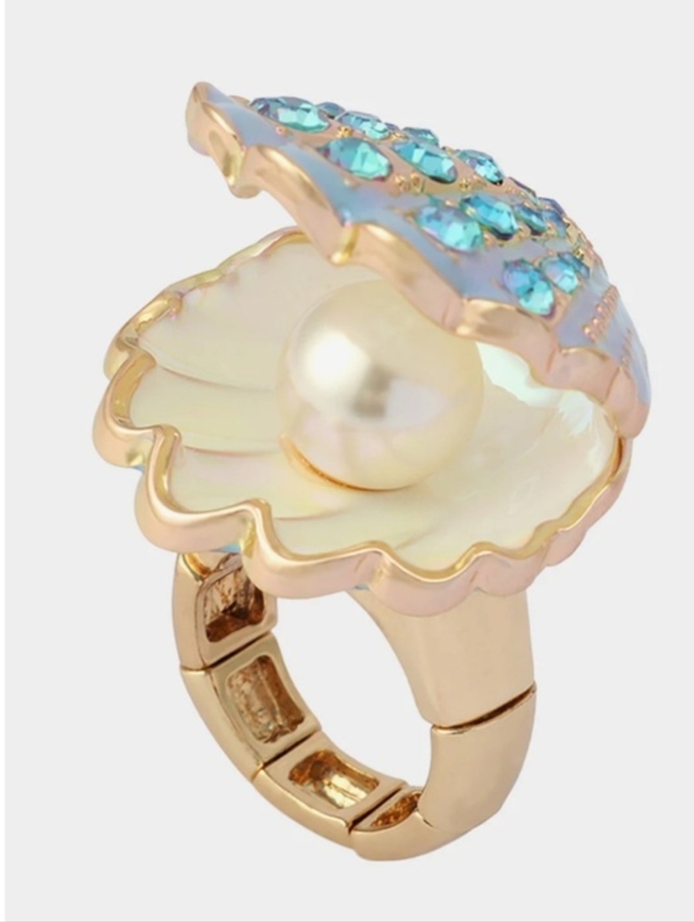 💙▪️Betsey Johnson ▪️Gold-Tone Irridiscent Pearl Clam Shell Stretch Ring